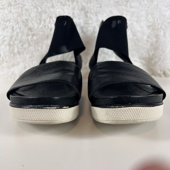 Eileen Fisher  Spree Sandal 9 1/2 Black Leather Flat Stretch Strap Closet Staple - Picture 3 of 9